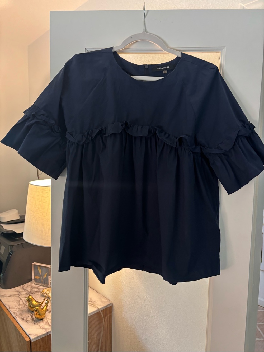 Sugarlips Navy Ruffle Sleeve Blouse